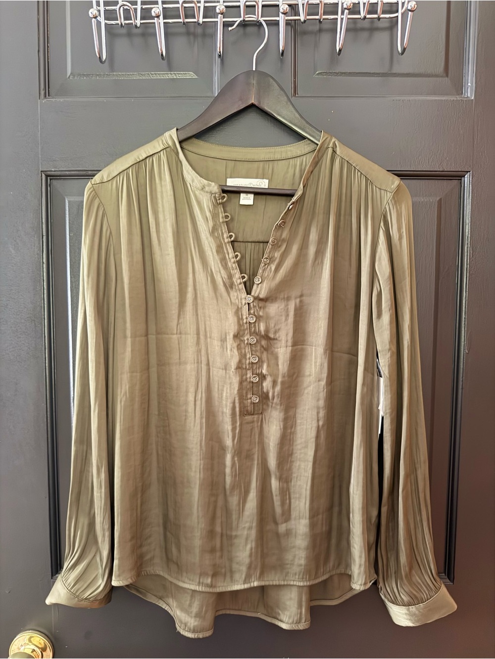 Nordstrom Olive Green Button-Front Long-Sleeve Blouse